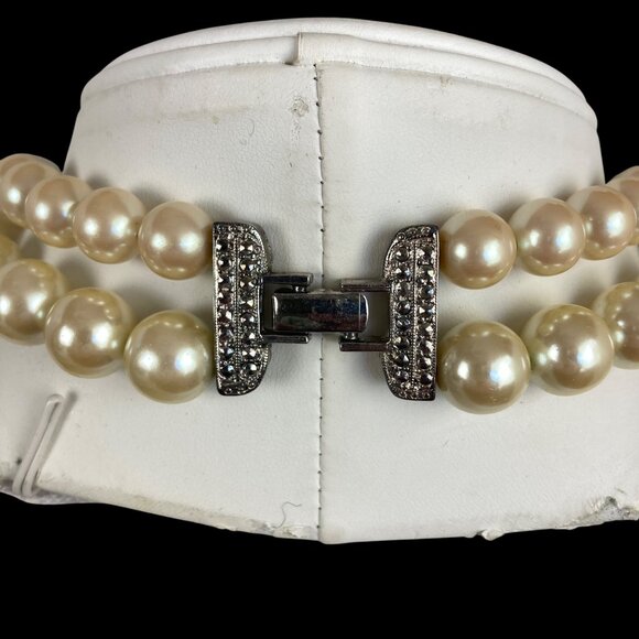 Vintage Carolee Faux Pearl Rhinestone Collar Bib Necklace Chunky Double Strand - Picture 5 of 11